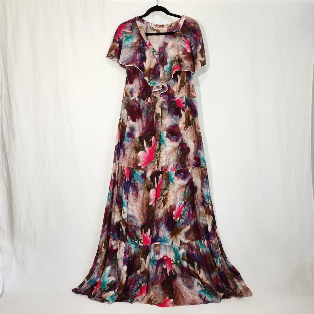 Tall Medium SOFT SURROUNDINGS Italian Dreams Tiered Dark Floral Maxi Dress. - Picture 1 of 16